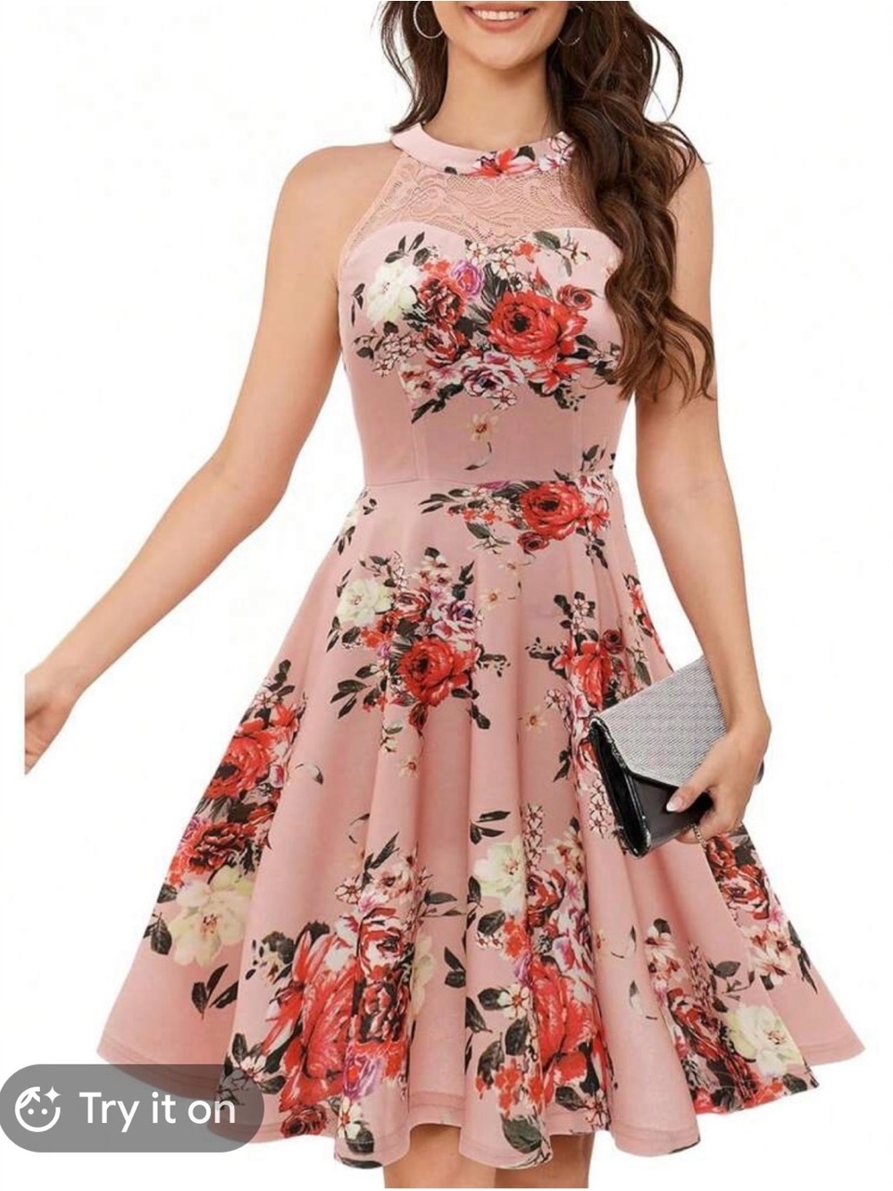 BloomChic Dusty Rose Floral Lace Yoke Midi Dress